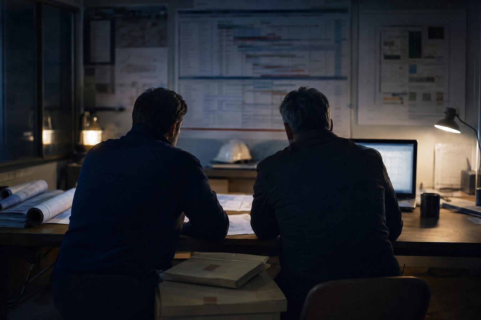 Dos profesionales revisando planos y programas en una oficina de faena, al final del día.