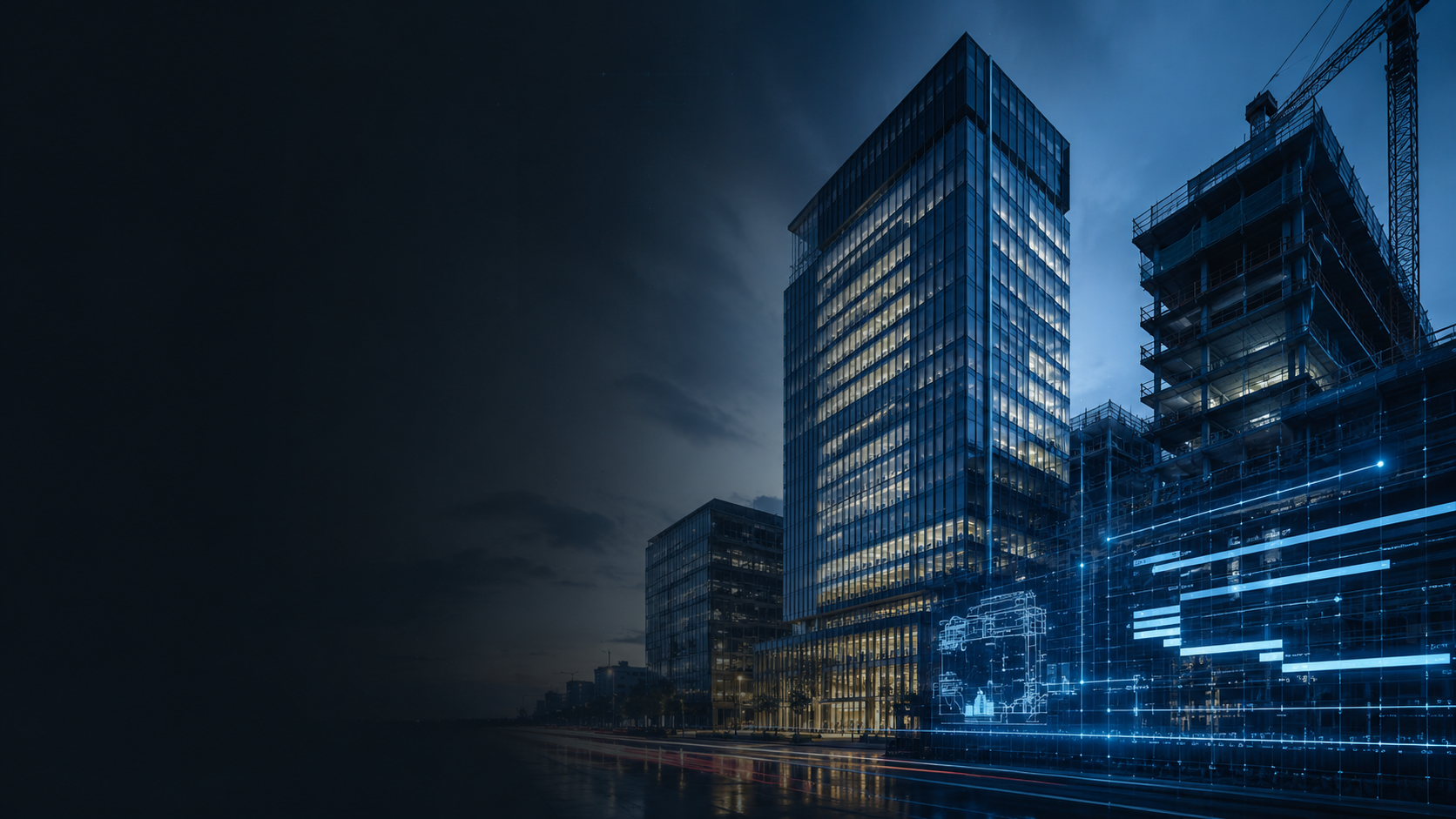 Torres de oficinas de noche, una terminada y otra en obra con grúa, con el programa proyectado sobre la fachada.