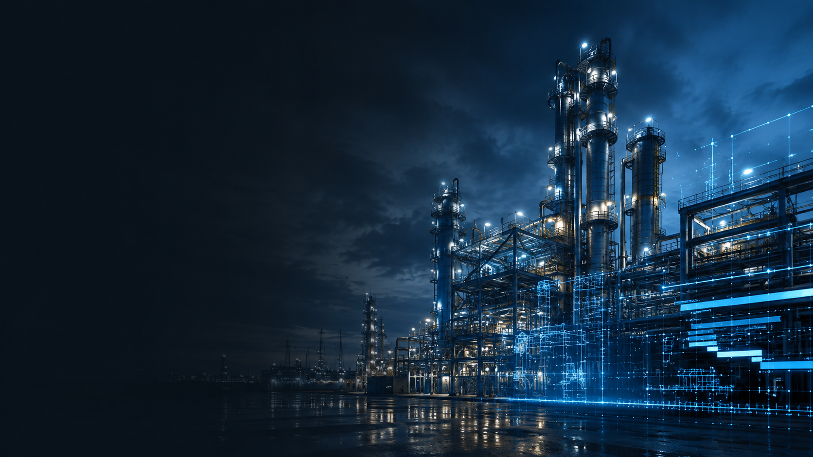 Planta industrial de proceso iluminada de noche, con el modelo digital superpuesto a las torres.
