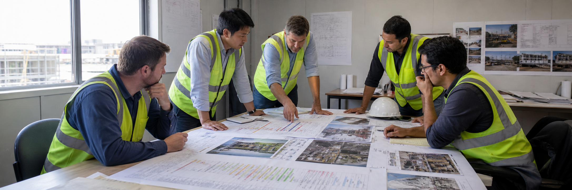 Equipo revisando programas impresos y registros de obra sobre una mesa de trabajo.