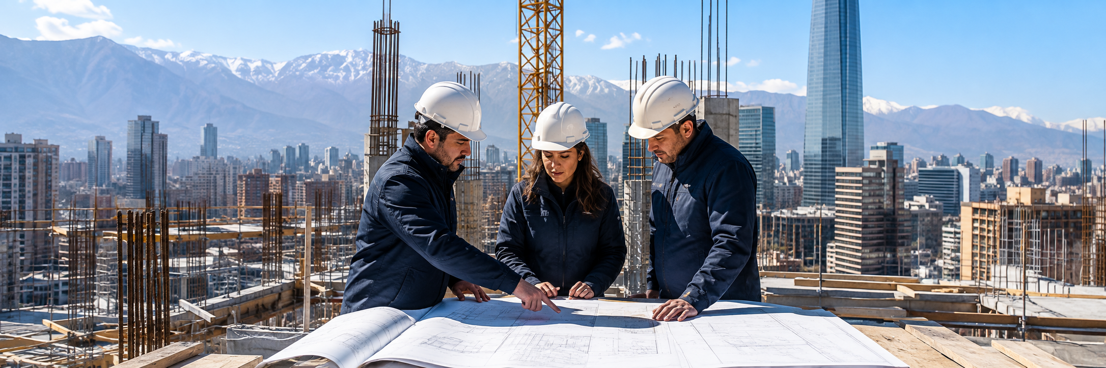 Equipo de obra revisando planos y programa sobre una mesa en terreno.