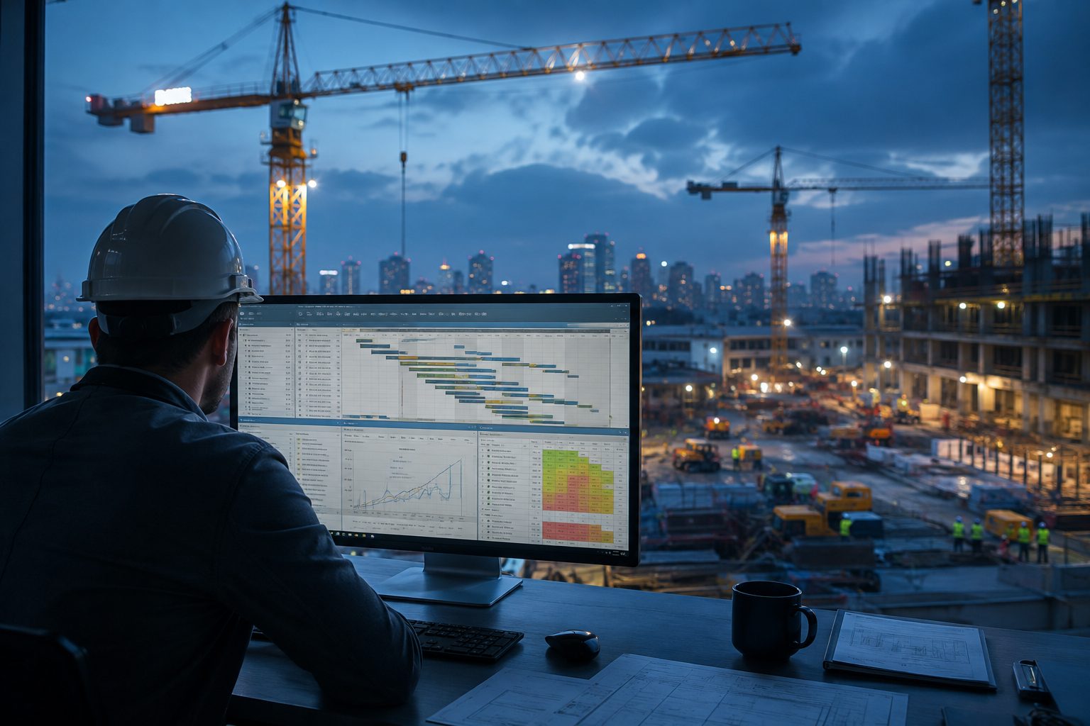 Profesional revisando el programa y los indicadores del proyecto en pantalla, con la obra al fondo al anochecer.